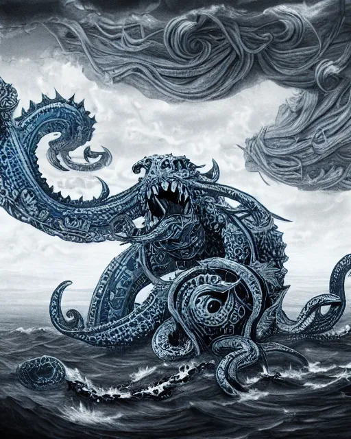 Image similar to A huge blue kraken in a vast sea, terrifying, black and white, fantasy art, monster art, in the style of masami kurumada, illustration, epic, fantasy, intricate, hyper detailed, artstation, concept art, smooth, sharp focus, ray tracing