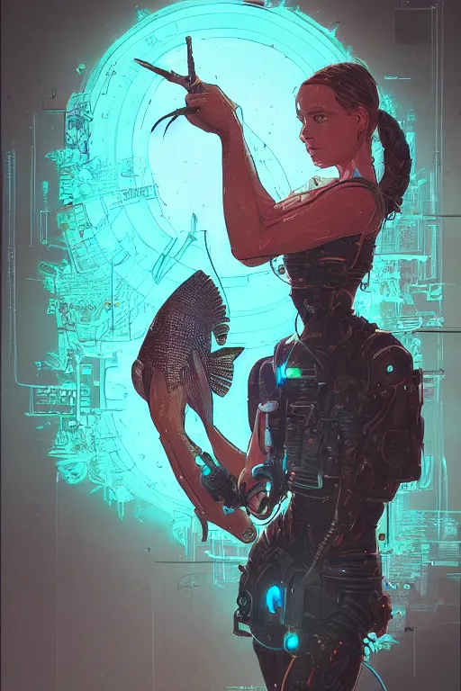 Image similar to portrait of a girl with a biomechanic scale fish and neon light by Laurie Greasley and Greg Rutkowski , digital painting, highly detailed, trending on artstation