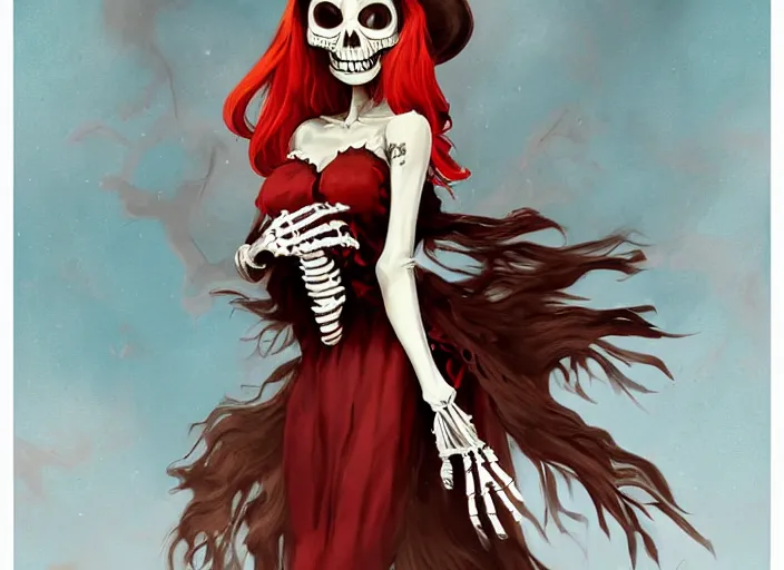 Image similar to cute & beautiful smug smiling mexican undead skeleton girl with red hair dressed as a witch, elegant, digital art, fantasy, pixar style, painting, pin up, highly detailed, artstation, art by artgerm, vrubel, boris vallejo and ilya kuvshinov