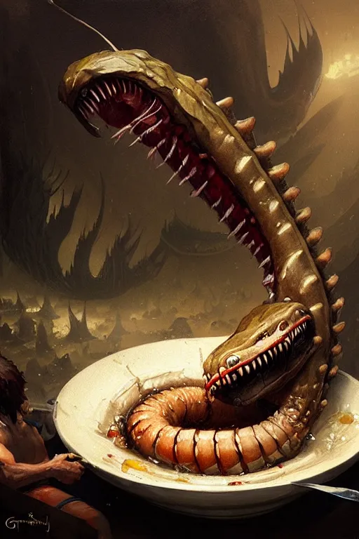 Prompt: greg rutkowski. giant wet drooling toothed worm over a bowl of food