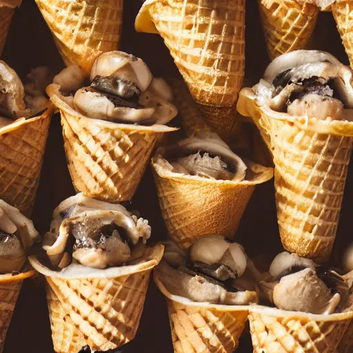 Image similar to a photograph of a clump of ice cream cones growing out of the cavity in a roast turkey like mushrooms. Shallow depth-of-field