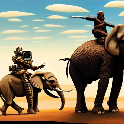 Image similar to painting of sormtrooper riding an elephant on the background of mos eisley on tatooine, intricate, high detail