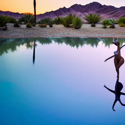 Image similar to 4 k polaroid wide angle photo of a glowing giant steel shiny reflective woman statue dancing, half submerged in water, in a desert oasis lake, at dusk, with neon lighting