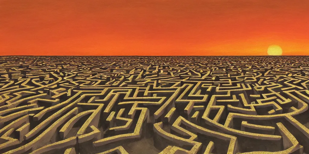 Prompt: an infinite maze reaching into the horizon in a sunset
