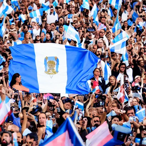 Image similar to Lady Gaga as president, Argentina presidential rally, Argentine flags behind, bokeh, giving a speech, detailed face, Argentina