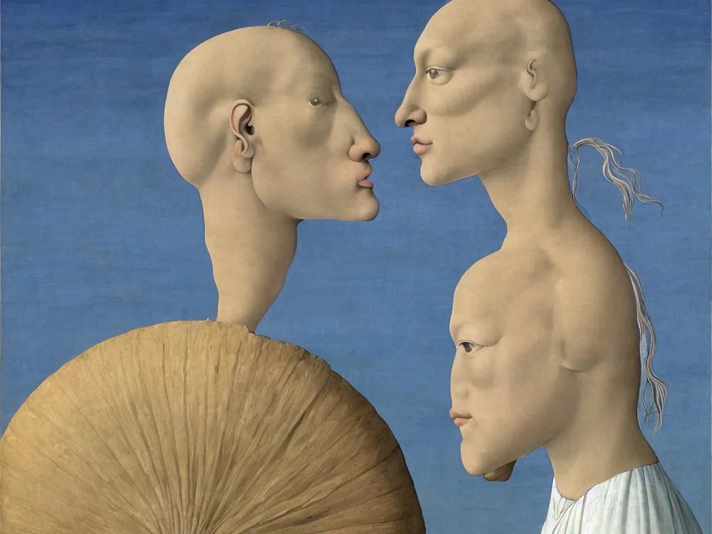 Prompt: Horse star on the forehead. Giant conch shell. Painting by Alex Colville, Piero della Francesca