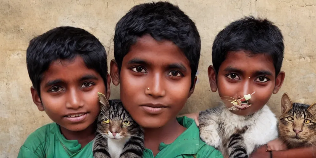 Prompt: sri lankan kid with cat, looking at camera, closeup, drawn by hayao miyazaki