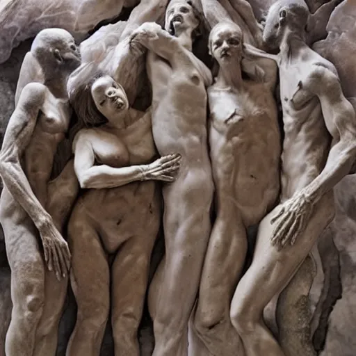 Prompt: dmt bodies. Mesh of human figures intertwined. earthen colors. Beautiful, realistic, extremely anatomical marble sculptures. A sea of bodies sculpted by August Rodine.