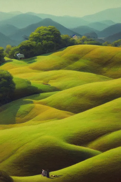 Prompt: Gorgeous rolling green hills in Japan, very detailed, focused, oil painting, colorful, canvas, artstation, Antoine Pierre Mongin