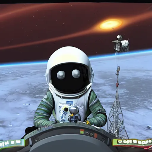 Image similar to an astronaut encounters a kerbal from kerbal space program on another planet