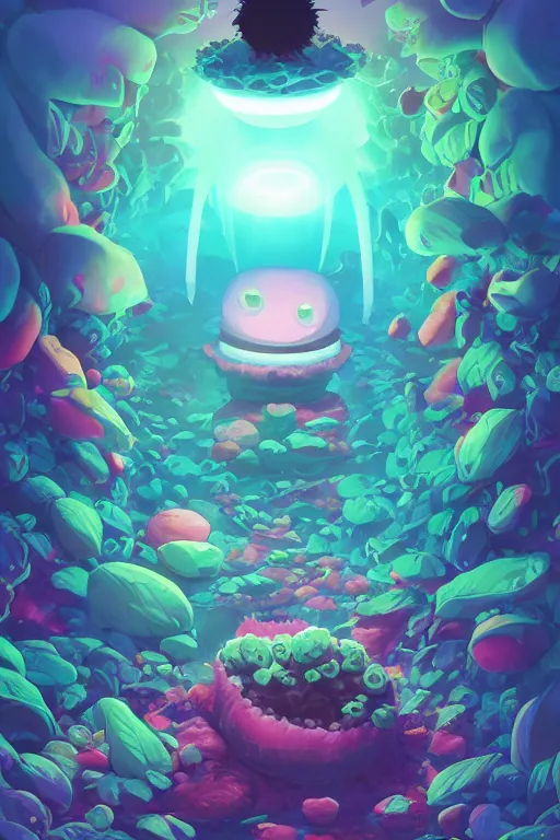 Image similar to roots cactus sushi cristal smurf ghost creature animal sushi cristal very big eye roots cactus elemental flush of force nature micro world fluo fishscale, behance hd by jesper ejsing, by rhads, makoto shinkai and lois van baarle, ilya kuvshinov, rossdraws radiating a glowing aura global illumination ray tracing hdr