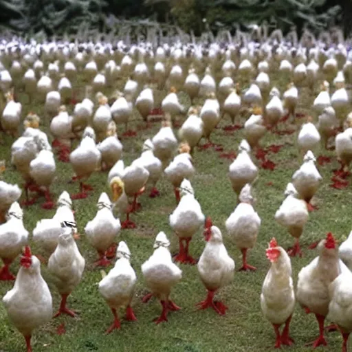 Image similar to an army of chickens with helmets marching with their guns