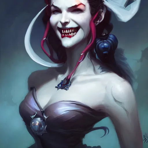 Prompt: a portrait of a bride of dracula, smiling with vampire fangs, concept art by pete mohrbacher and wlop and artgerm and guweiz, digital art, highly detailed, intricate, sci - fi, sharp focus, trending on artstation hq, deviantart, unreal engine 5, 4 k uhd image
