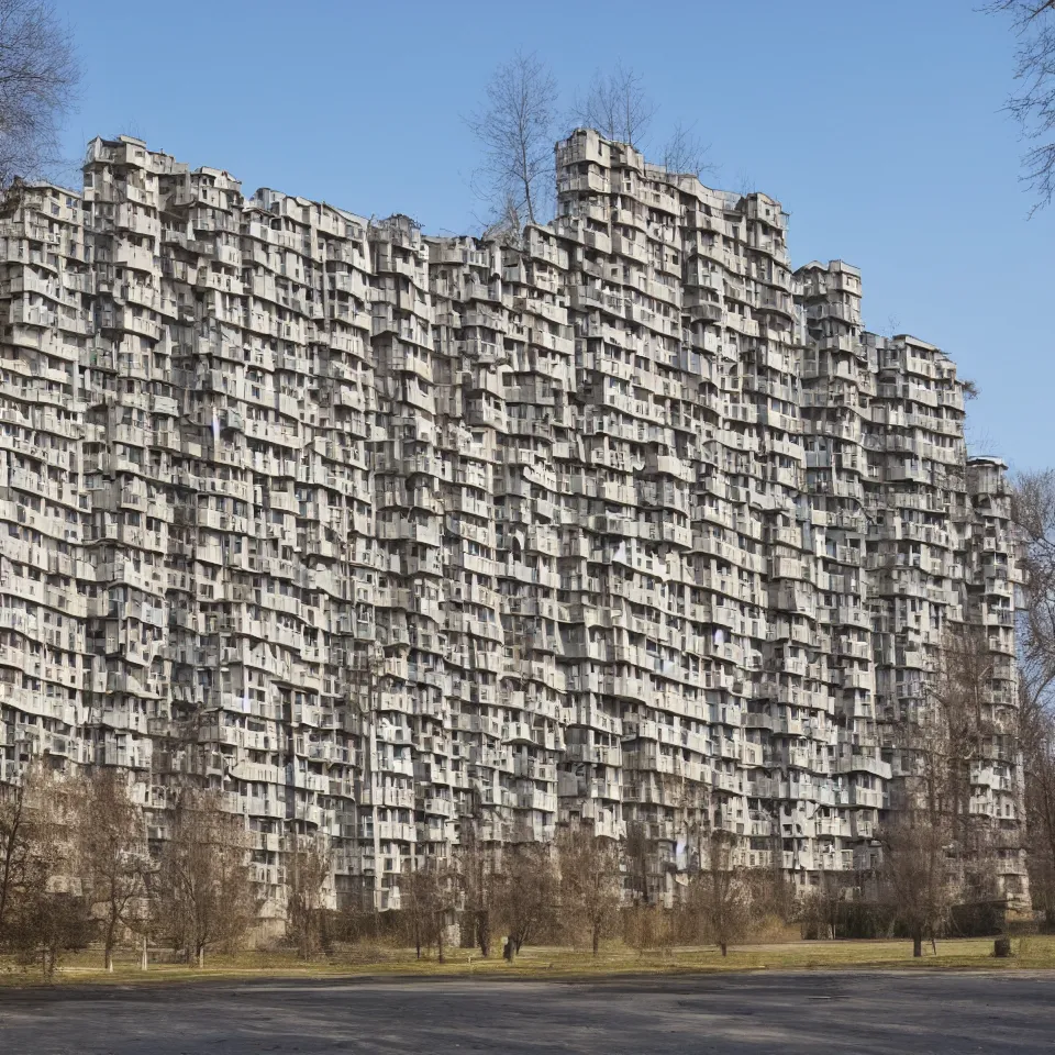 Image similar to Photograph of a generic soviet communist residential block, sunny weather