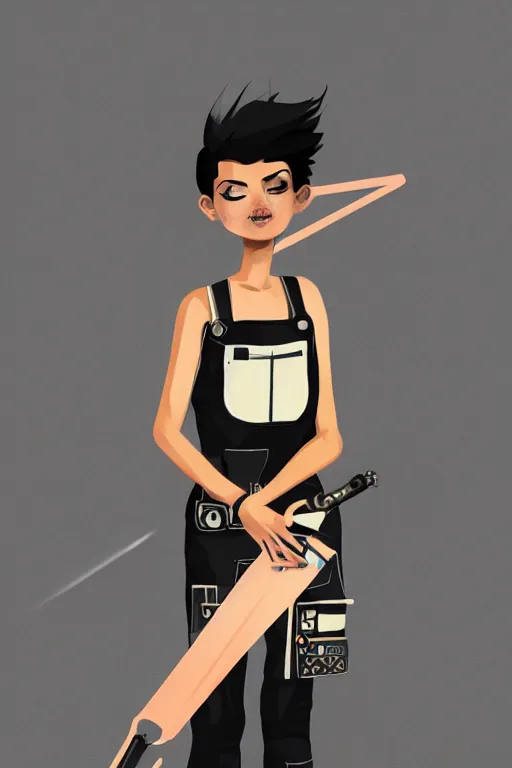 Prompt: a beautiful androgynous punk girl with short hair who is a mechanic wearing overalls, digital illustration, digital concept art, digital painting, decorative minimal background, trending on artstation