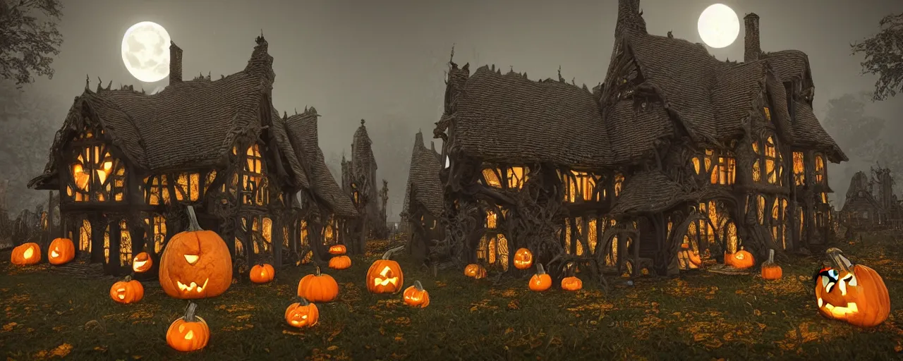 Image similar to a highly detailed old english tudor cottage in a scary pumpkin patch and graveyard, volumetric, fall colors, night, dead tree forest, pumpkins, moon, photorealistic, insanely detailed and intricate, epic scene, volumetric haze, hyper realistic, elegant, ornate, elite, horror, creepy, ominous, haunting, cinematic lighting, unreal engine, symmetrical, cinematic centered camera, high detail