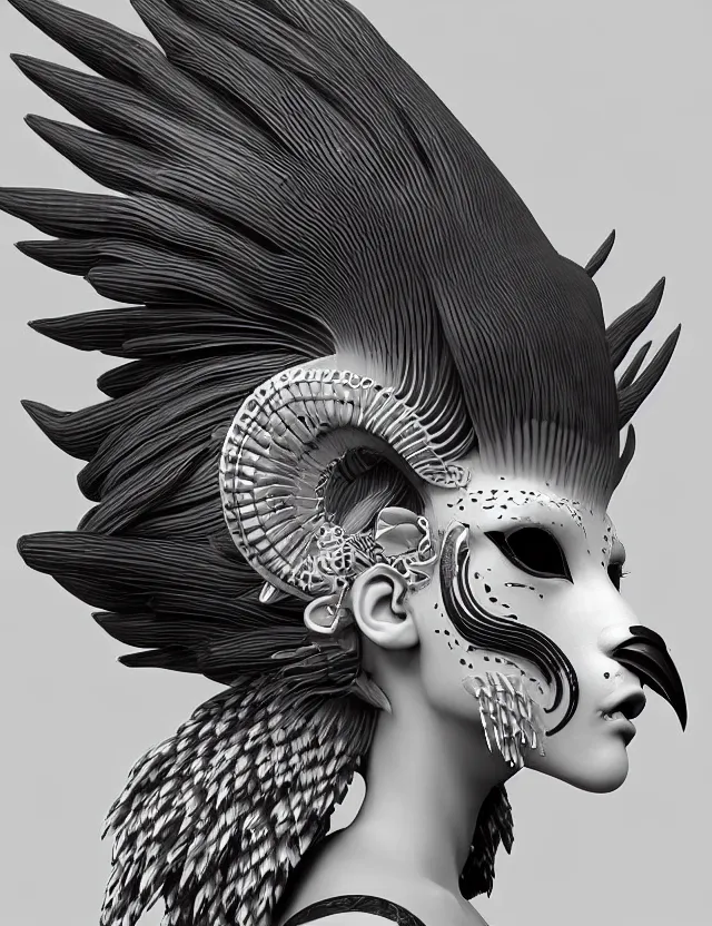 Image similar to 3 d goddess close - up profile simple portrait punk with mohawk with ram skull. beautiful intricately detailed japanese crow kitsune mask and clasical japanese kimono. betta fish, jellyfish phoenix, bio luminescent, plasma, ice, water, wind, creature, artwork by tooth wu and wlop and beeple and greg rutkowski