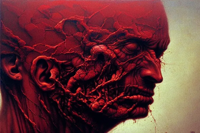 Prompt: head of a man falling apart, in the style of beksinski, intricate and epic composition, red by caravaggio, insanely quality, highly detailed, masterpiece, purple light, artstation, 4 k