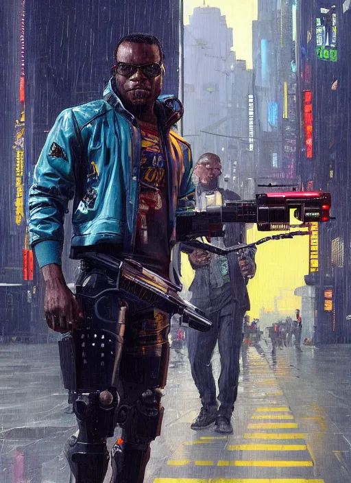 Prompt: Chidi Igwe. Buff Cyberpunk policeman with robotic legs and plastic raincoat. Patrolling rainy city streets. (Cyberpunk 2077, bladerunner 2049). handsome face. Iranian orientalist portrait by john william waterhouse and Edwin Longsden Long and Theodore Ralli and Nasreddine Dinet, oil on canvas. Cinematic, vivid colors, hyper realism, realistic proportions, dramatic lighting, high detail 4k