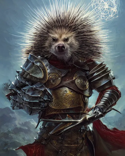 Image similar to Porcupine in armor, portrait, woodlands, magic the gathering artwork, D&D, fantasy, cinematic lighting, centered, symmetrical, highly detailed, digital painting, artstation, concept art, smooth, sharp focus, illustration, volumetric lighting, epic Composition, 8k, art by Akihiko Yoshida and Greg Rutkowski and Craig Mullins, oil painting, cgsociety