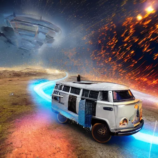 Image similar to bizarre interdimensional scene of a time-traveling microbus leaping into hyperspace. ultra-wide shot, detailed, trending on artstation, light effect, 8k, unreal engine 5, epic, masterpiece, highly detailed