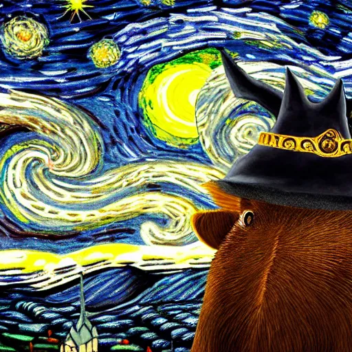 Image similar to a detailed matte painting of a cow wearing a witch hat, viewed in profile, glowing moths and fog in the background, starry night, black and blue color scheme with gold highlights, in the style of discworld and harry potter, 8 k