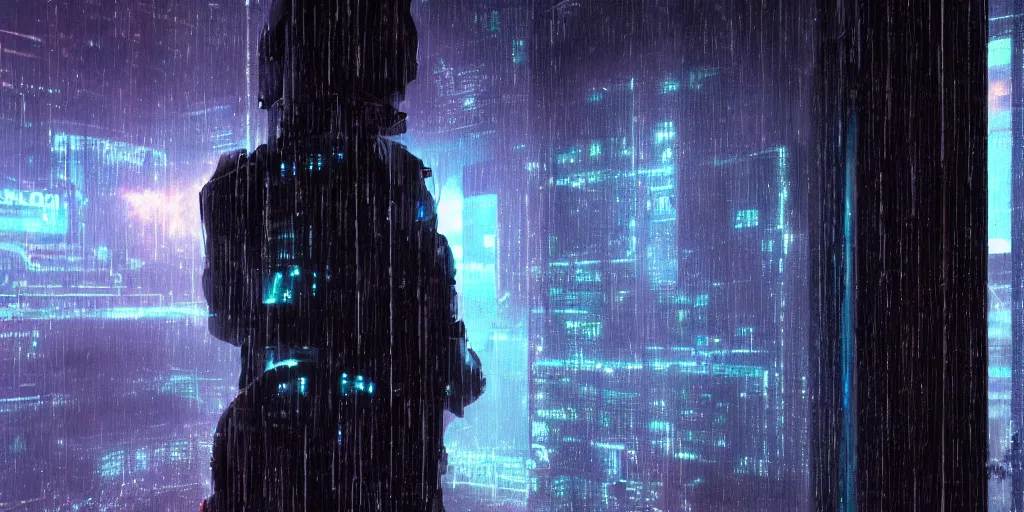 Image similar to one cyber person of cosmic nebula galaxy watching a rainy cyberpunk futuristic city from behind at night through a window, 4 k, photorealistic, wet, highly detailed, cinematic moody by ridley scott, trending on artstation, glowing and epic