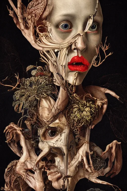 Image similar to Detailed maximalist portrait with large lips and with large wide eyes, surprised expression, surreal extra flesh and bones, HD mixed media, 3D collage, highly detailed and intricate, illustration in the golden ratio, in the style of Caravaggio, dark art, baroque