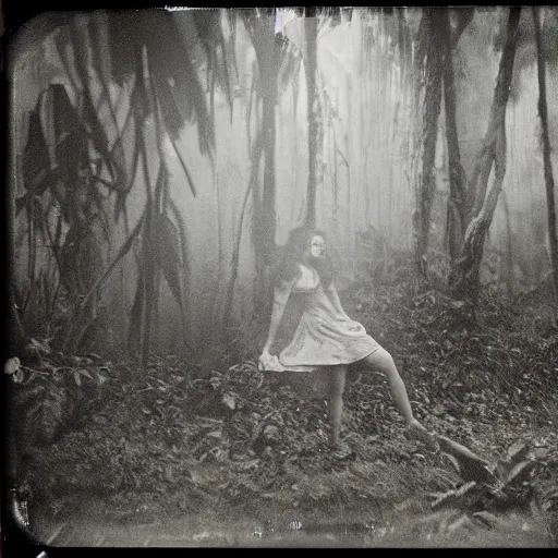 Image similar to an ancient evil-girl devouring the human souls on a mysterious Colombian jungle, mist, abandoned house, 1910 polaroid photography, grainy film, Black and white