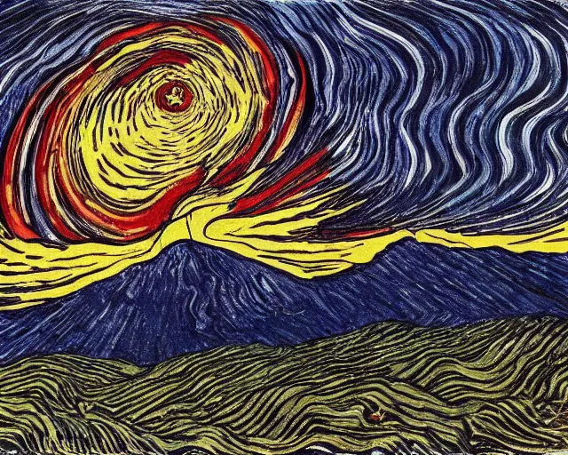 Image similar to a volcano at night, artwork by junji ito and van gogh, junji ito, van gogh