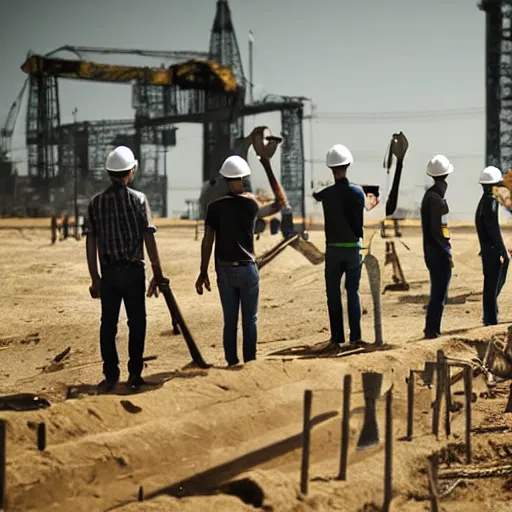 Prompt: tall shadowy faceless creatures with long limbs wearing hard hats