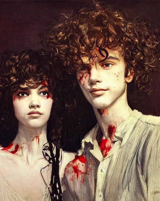 Prompt: two handsome but creepy young people in layers of fear, with haunted eyes and curly hair, 1 9 7 0 s, seventies, wallpaper, a little blood, moonlight showing injuries, delicate embellishments, painterly, offset printing technique, by coby whitmore, jules bastien - lepage