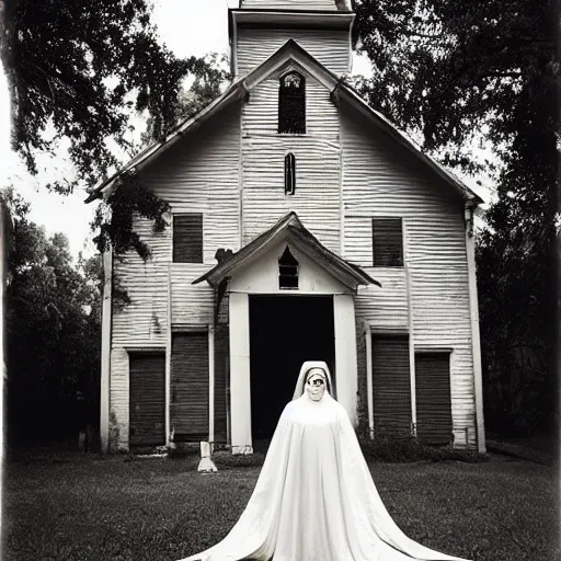 Image similar to picture of ghostly bride in front of an old wooden white church, 1 9 th century southern gothic scene, taken by crewdson, gregory