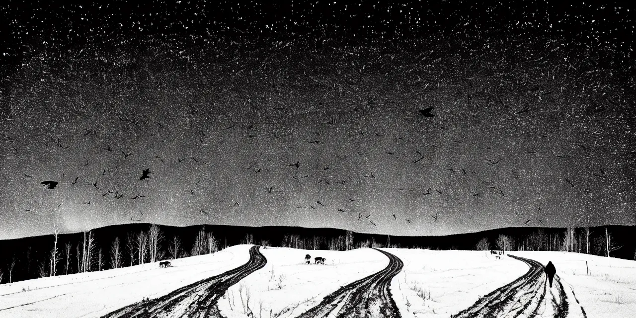 Image similar to laurentian appalachian mountains in winter, unique, original and creative black ink landscape, surrealist artwork, wide angle, snowy night, distant town lights, aurora borealis, deers and ravens, lonely human walking, footsteps in the snow, fascinating textures, outstanding composition