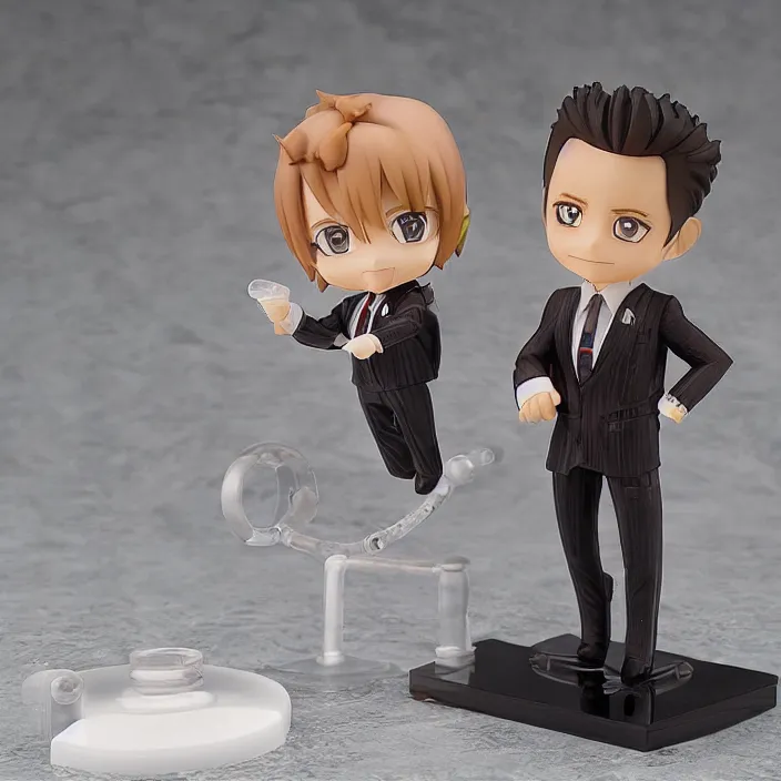 Image similar to a anime nendoroid of elon musk wear giorgio armani suits and black shoe, car tesla 3, figurine, smile, product photo, detailed