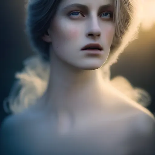 Image similar to photographic portrait of a stunningly beautiful alluring serene stark female ghost in soft dreamy light at sunset, smoke fog dust, god rays contemporary fashion shoot, by edward robert hughes, annie leibovitz and steve mccurry, david lazar, jimmy nelsson, breathtaking, 8 k resolution, extremely detailed, beautiful, establishing shot, artistic, hyperrealistic, beautiful face, octane render