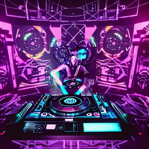 Prompt: intricate detailed artwork of a futuristic hardstyle music dj at an mainstage festival rave in the style of Sandra Pelser, VR headset, wires, speakers