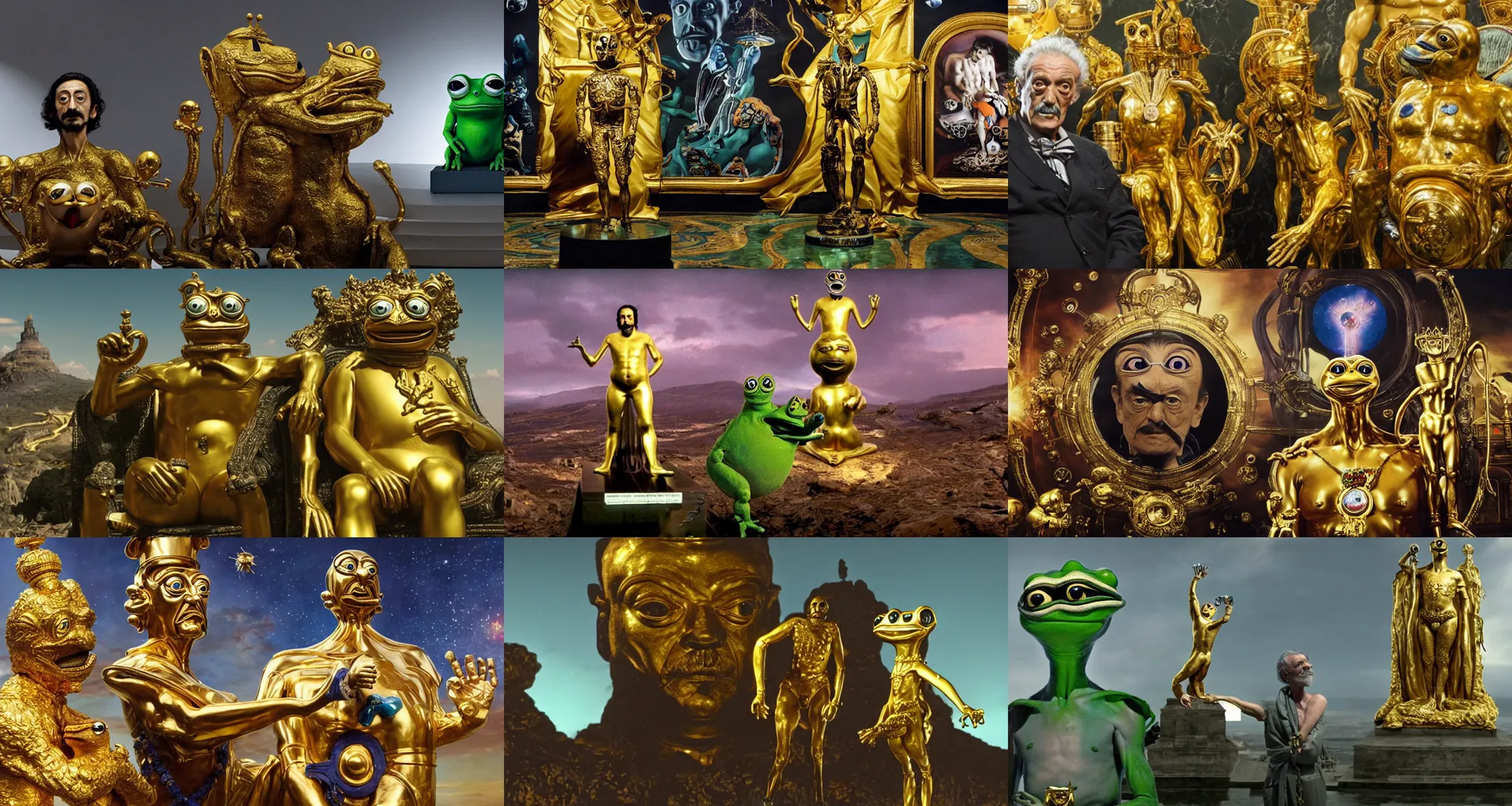 Prompt: the full body shot of salvador dali as emperor of universe in front of gold statue of pepe the frog | still frame from the prometheus movie by ridley scott with cinematogrophy of christopher doyle and art direction by hans giger, anamorphic bokeh and lens flares, 8 k, higly detailed masterpiece