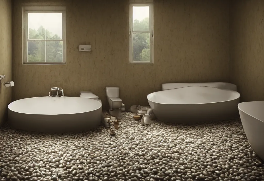 Prompt: kodak portra 4 0 0 photographic and realistic, interior of a bathroom, detailed, octane render, unreal engine, 4 k, artstation, hyper realistic, wide angle, floor flooded with beans, river, objects that float, 3 5 mm, sharp focus, soft light, volumetric light, in the style of gregory crewdson