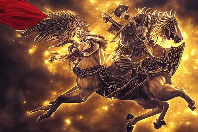 Image similar to an ultra detailed portrait of king richard the lionhearted as a shonen anime protagonist attacking riding a horse in gold armor, 8 k, volumetric lighting, art by kentaro miura and akira toriyama