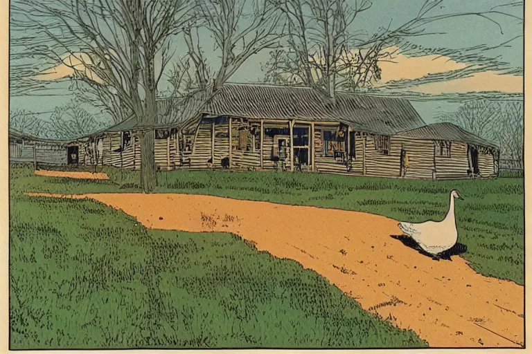 Prompt: country road store goose by moebius