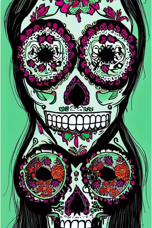 Prompt: illustration of a sugar skull day of the dead girl, art by justin bartlett