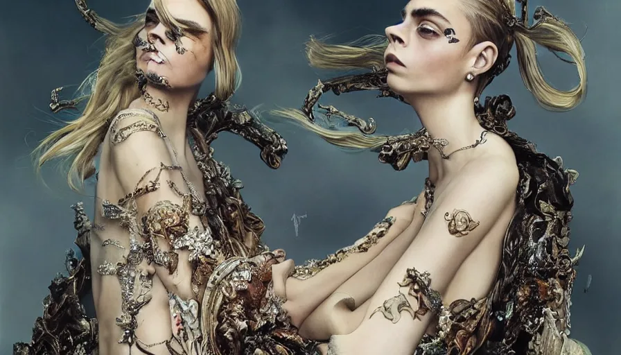 Prompt: cara delevingne wearing epic haute couture by Alexander McQueen, extremely beautiful and proportionate face, in the aesthetic of mert and marcus, masterpiece, intricate, elegant wardrobe, highly detailed, digital painting, artstation, concept art, smooth, sharp focus, illustration, art by artgerm and james jean and greg rutkowski and alphonse mucha