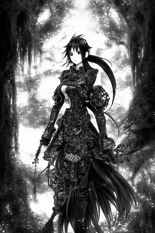 Image similar to a vertical portrait of a character in a scenic environment by Yoshitaka Amano, black and white, dreamy, steampunk armor, black hair, highly detailed