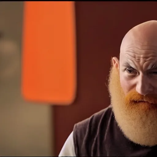 Image similar to bald man with a bright orange beard in studio ghibli movie