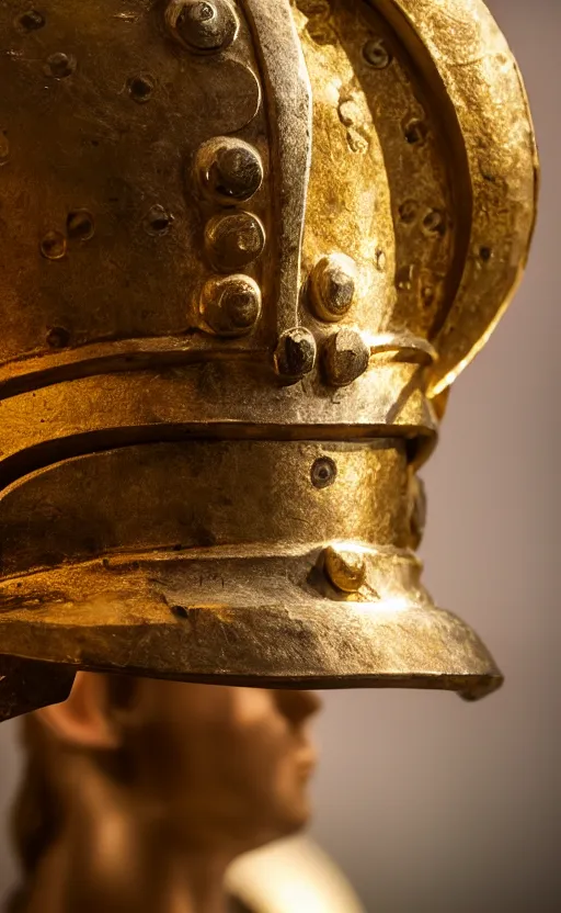 Prompt: a warrior wearing a corinthian helmet, museum photography, closeup, bokeh, golden hour