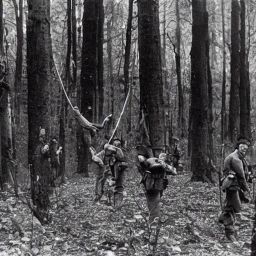 Image similar to wide shot, a squad of executed American Soldiers hanged mid-air on trees, deep in the thick forest, painting, colored, eerie, Lovecraftian, eldritch horror, 1967