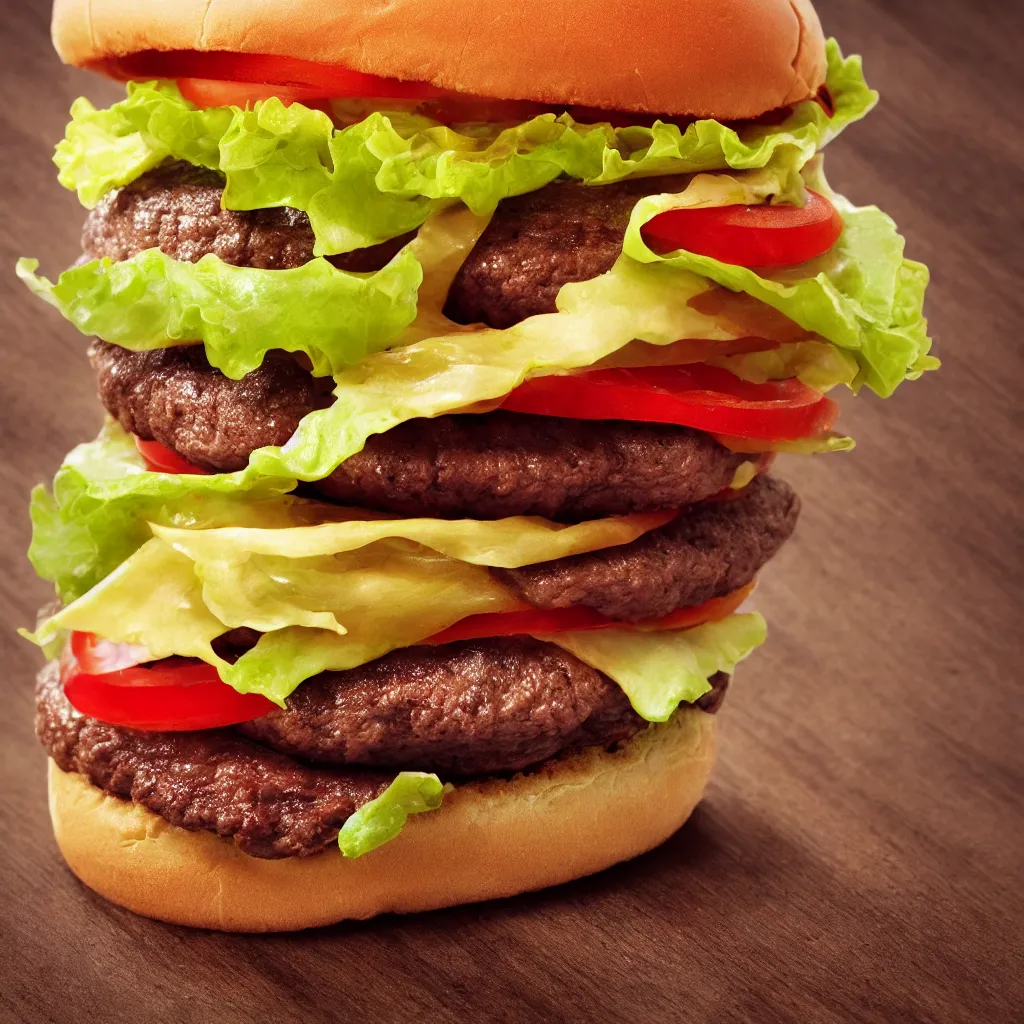 Prompt: close up view of a hamburger on top of a wooden table, 8k, photorealistic, proper shading