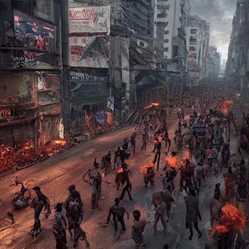 Prompt: crowded streets of manila turned hell filled with poverty, beggars and crime, demonic, hell, burning, suffering, depressing image, unreal engine, artstation hd