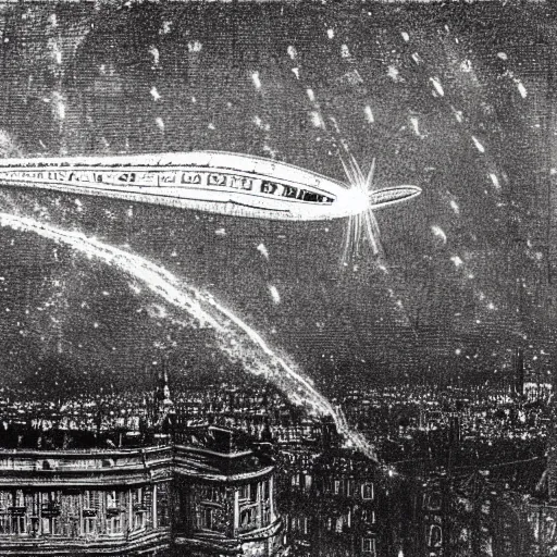 Prompt: A Zeppelin caught in searchlight beams during an air raid on London in the style of John Atkinson Grimshaw